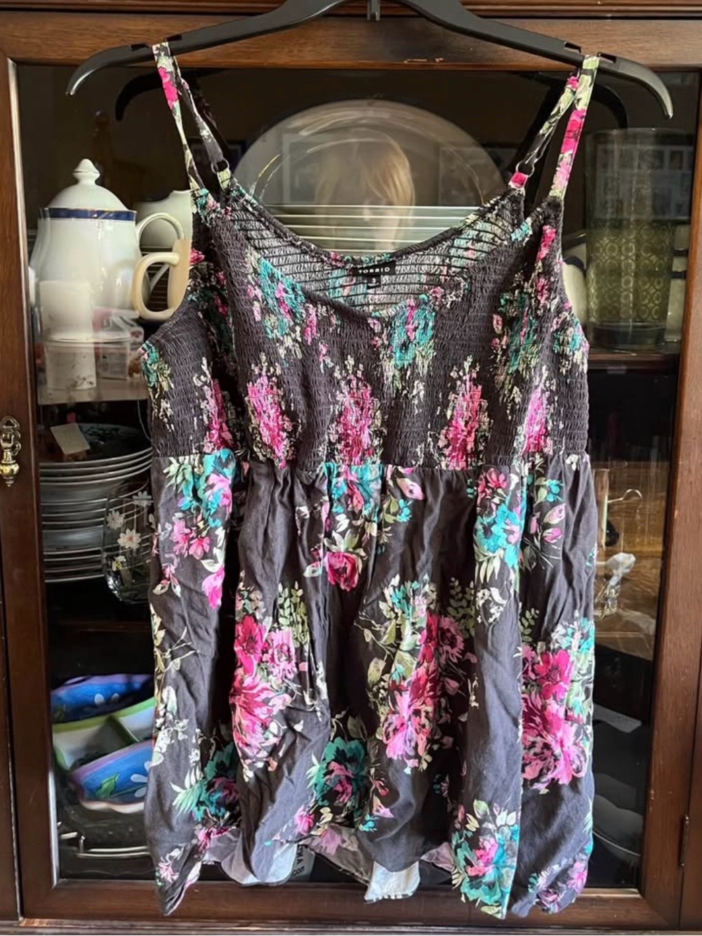 torrid Black Floral Smocked Cami with Pink & Teal Accents